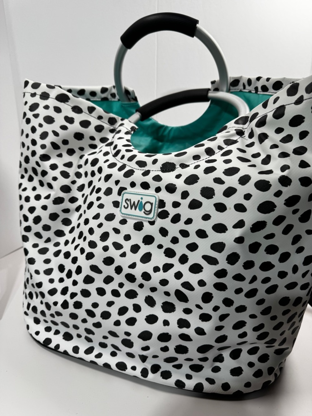 SWIG Dalmatian-Print Tote in Black & White with Teal Interior